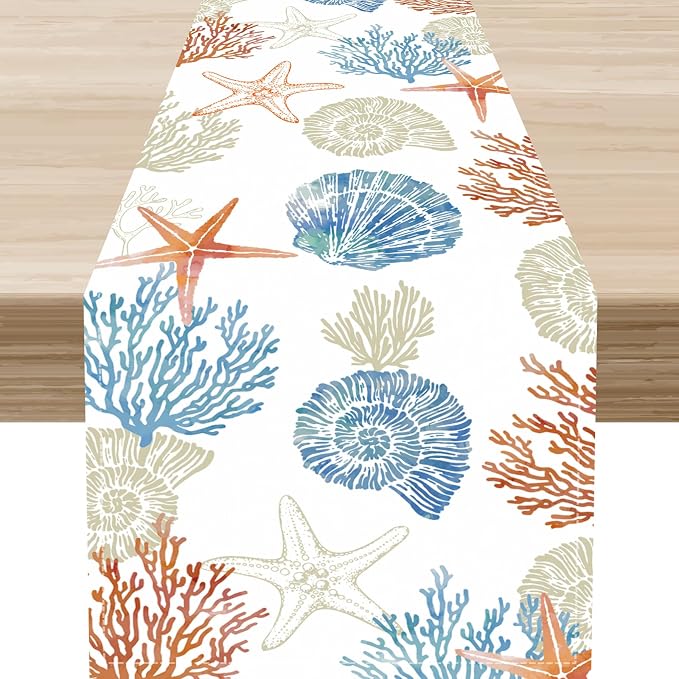 Coastal Table Runner, Rustic Farmhouse Nautical Starfish Seashells Coral by Unknown