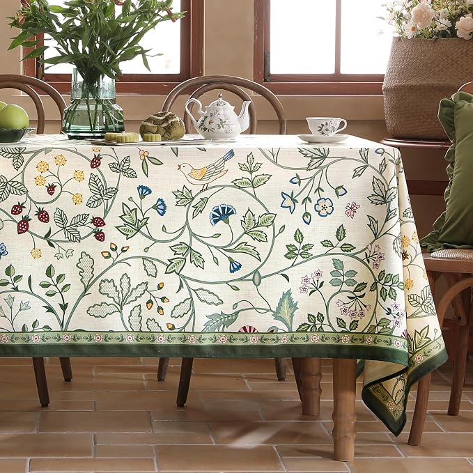 Linen Table Cloth Rectangle, Wrinkle Resistant French White and Green - Image 2