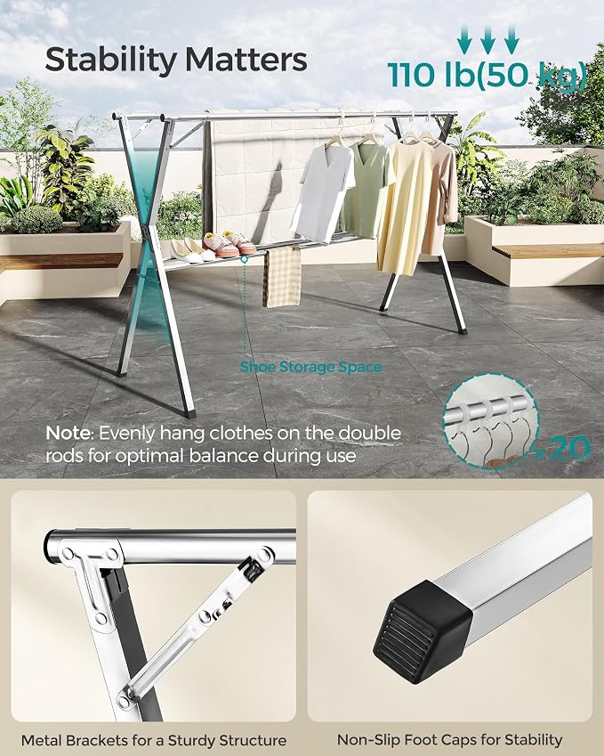 SONGMICS Clothes Drying Rack, Heavy-Duty Laundry Drying Rack, 52.4-78.7 Inches - Image 4