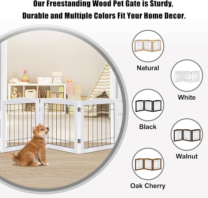 LZRS 3-Panel Freestanding Foldable Wooden Dog Gate –Solid Wood & Steel Wire - Image 4