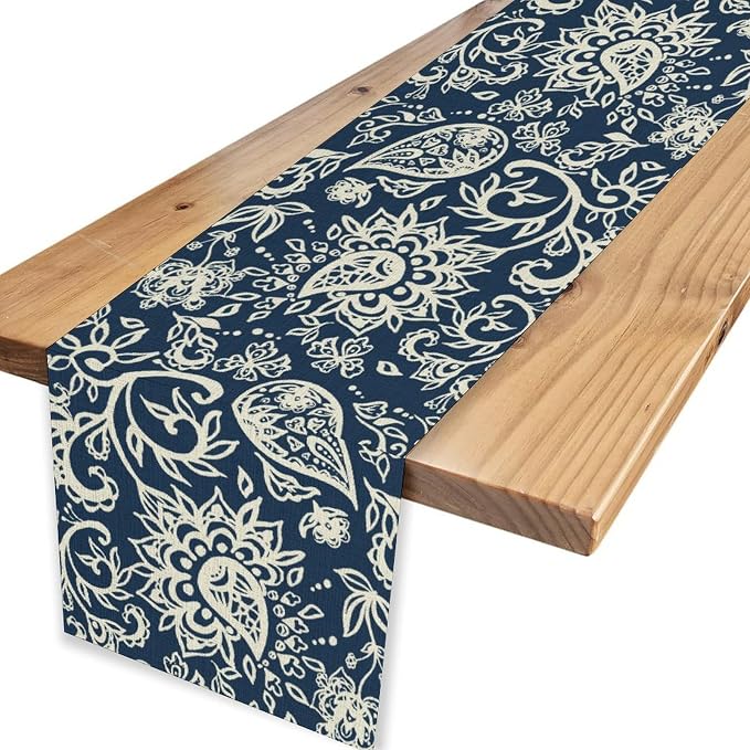 Blue Paisley Table Runner, Vintage Damask Antique Floral Flower Boho Damask - Image 4