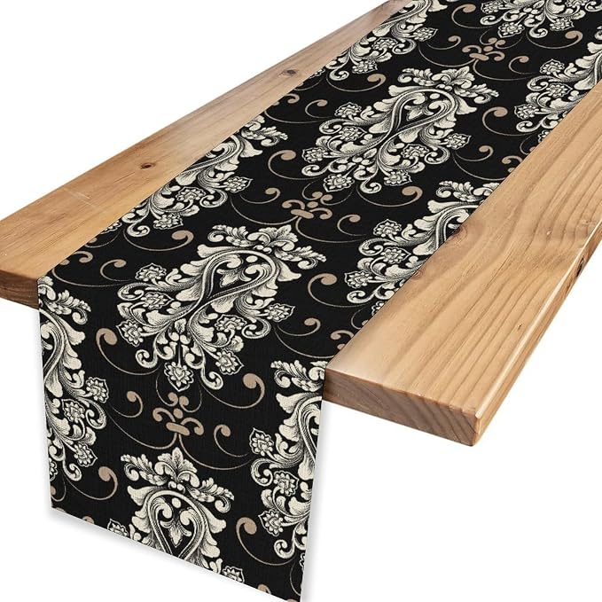Goth Table Runner, Antique Gothic Damask Pattern Baroque Style Black Floral - Image 4