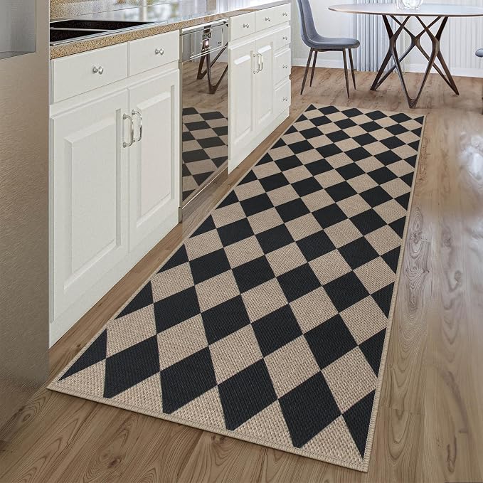 Easy Jute Checkered Runner Rug, 2.6x8 Black Modern Washable Rugs Runner by Rugalia