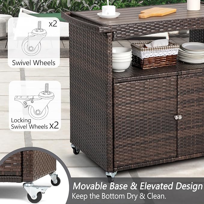 Outdoor Bar Cart with Storage Cabinet Patio Wicker Sideboard Buffet Cabinet - Image 8