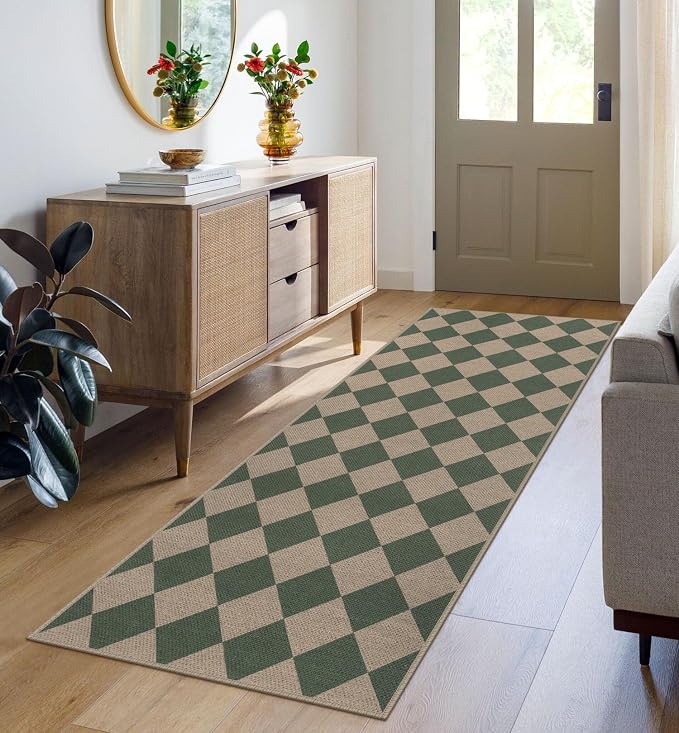 Easy Jute Checkered Runner Rug, 2x6 Green Modern Washable Rugs Runner - Image 5