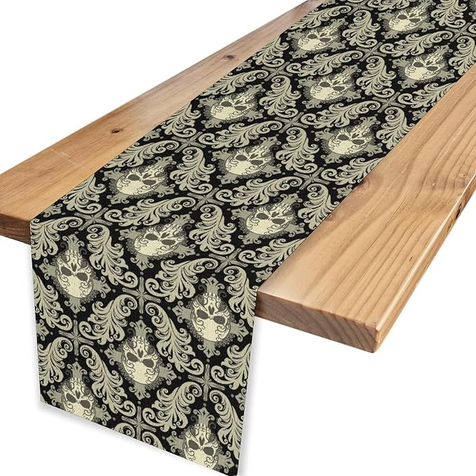 Skull Table Runner, Retro Antique Gothic Damask Pattern Classic Halloween Boho - Image 4