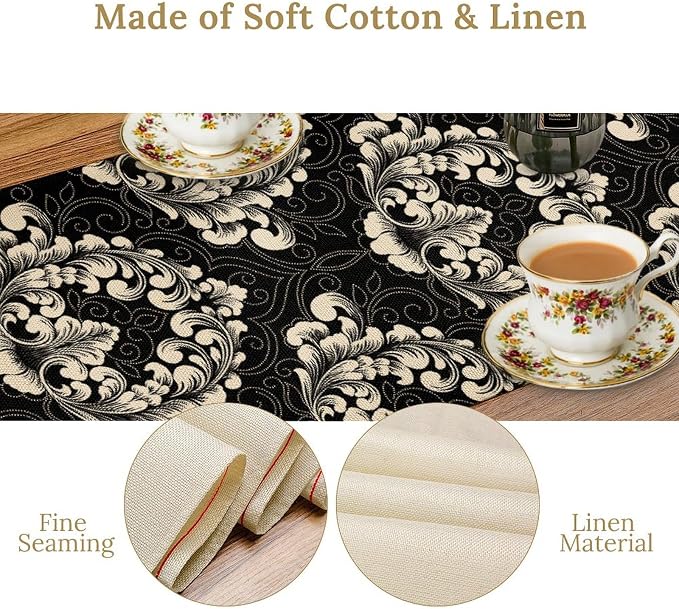 Gothic Table Runner, Retro Black Damask Baroque Style Floral Bohemian Exotic - Image 6