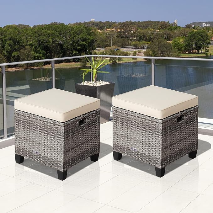 Tangkula 2 Pieces Patio Rattan Ottomans, Outdoor Wicker Footstool Footrest Seat - Image 5