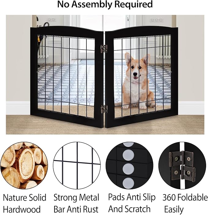 LZRS 2-Panel Freestanding Foldable Wood Dog Gate – Solid Wood & Steel Wire - Image 3