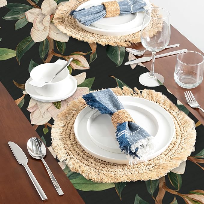 Table Runner White Magnolia Flowers Table Runners Summer Seasonal Kitchen - Image 5
