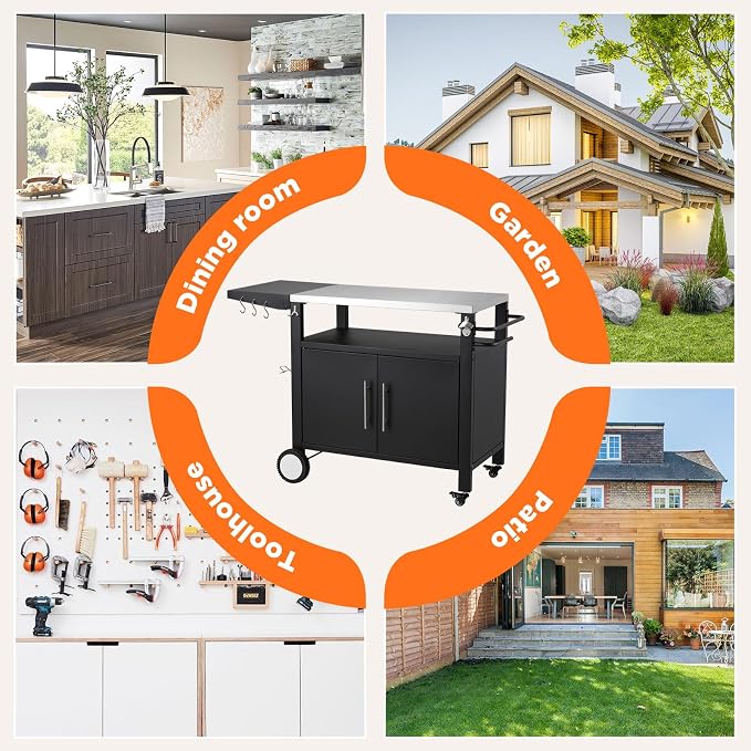 Outdoor Kitchen Storage Cabinet on Wheels, Grill Prep Table Kitchen Cabinets - Image 4