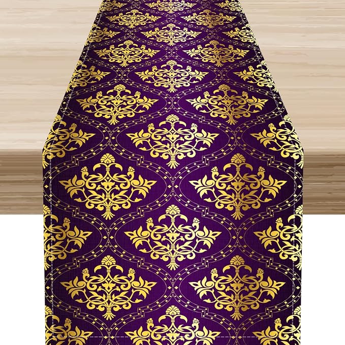 Vintage Table Runner, Retro Antique Gothic Purple Damask Floral Flower Pattern by Unknown
