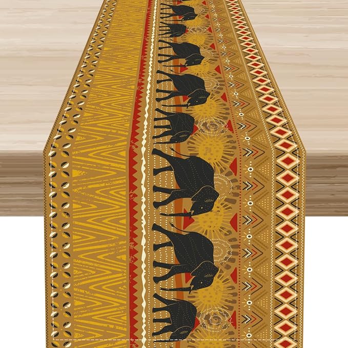 African Tribe Table Runner, Rustic Elephants Tribal Boho Diwali India by Unknown