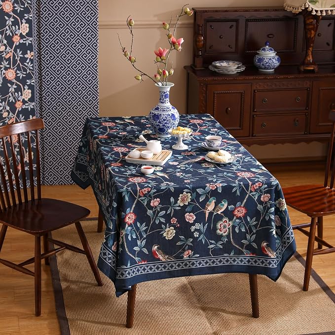 patdrea Designer Dark Blue Linen Rectangular Tablecloth, Vintage Navy French - Image 8