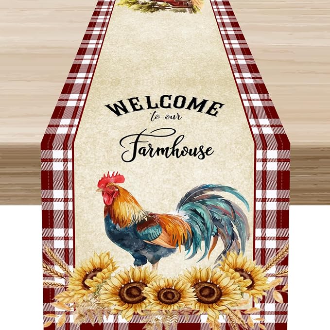 Rooster Table Runner, Farmhouse Red Plaid Sunflower Floral Chicken Farm Cow Pig by Unknown