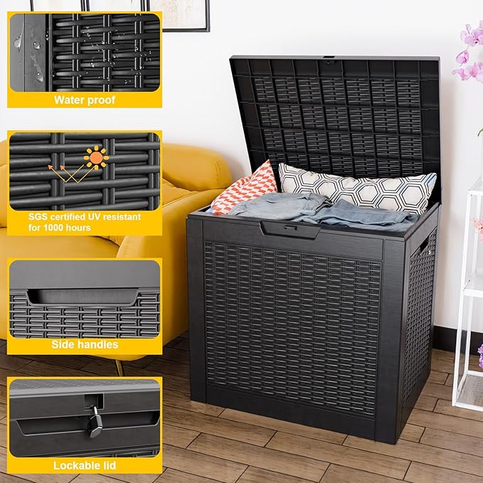 31 Gallon Wicker Pattern Resin Deck Box, Lockable Patio Outdoor Storage Box - Image 2