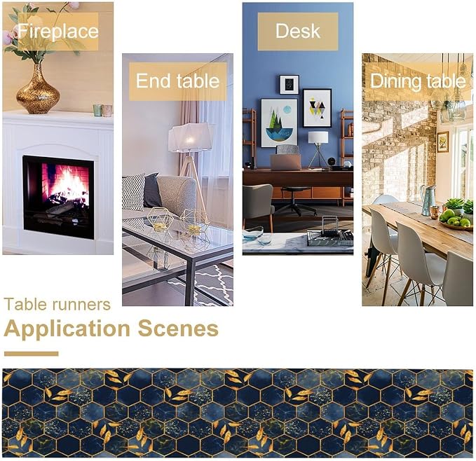 Marble Table Runner, Dark Blue Gold Modern Marble Leaf Aesthetic Geometric - Image 5