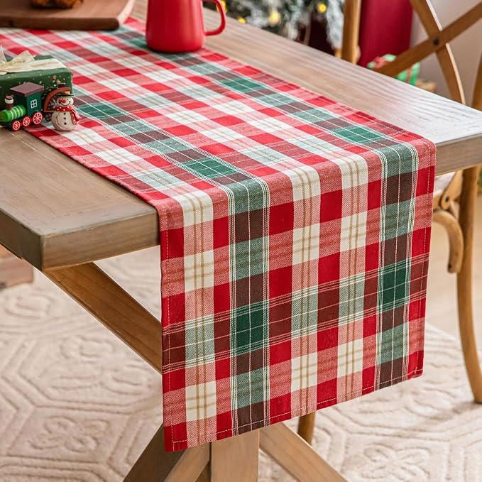 Red Gold Plaid Christmas Table Runner, Winter Holiday Table Runners 90 inches - Image 2