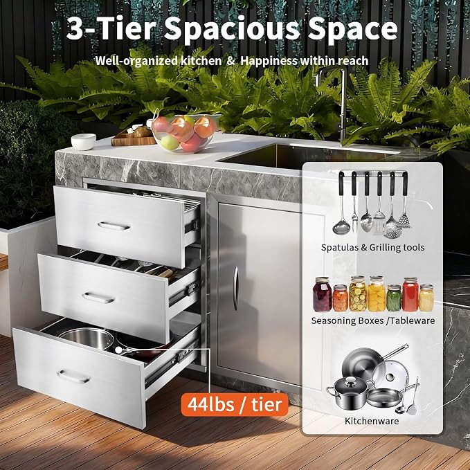 JIEJIN Outdoor Kitchen Drawers Stainless Steel Triple BBQ Island Drawer Flush - Image 5
