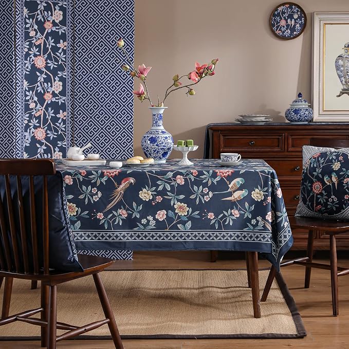patdrea Designer Dark Blue Linen Rectangle Tablecloth, Vintage Navy French - Image 9