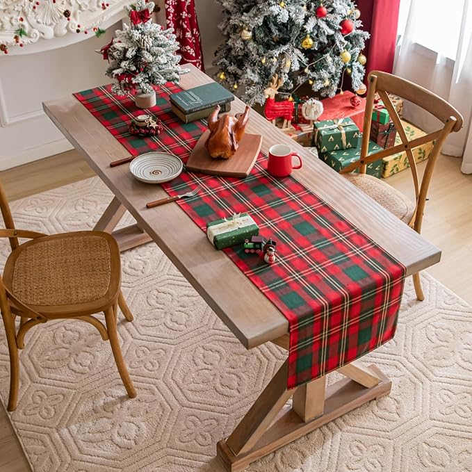 Red Green Gold Plaid Christmas Table Runner, Winter Holiday Table Runners 72 - Image 3
