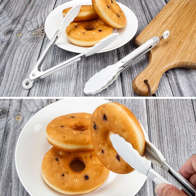Tongs Set of 3 Stainless Steel Silicone Heads, 7 Inch, Snow White