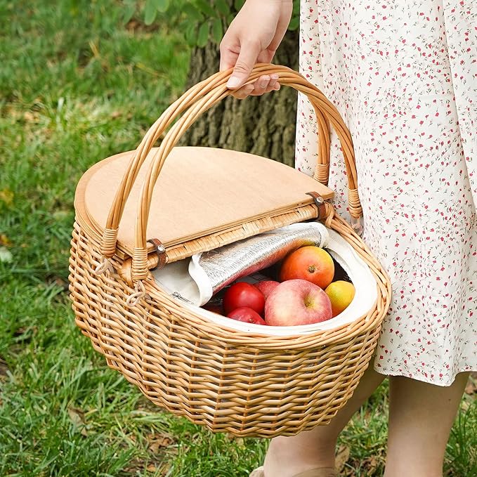 Wicker Picnic Basket with Cooler, Wooden Split Lid Picnic Basket, Vintage-Style - Image 2