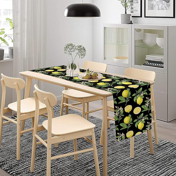 Watercolor Lemon Table Runner, Spring Summer Seasonal Green Leaves Flowers - Image 5