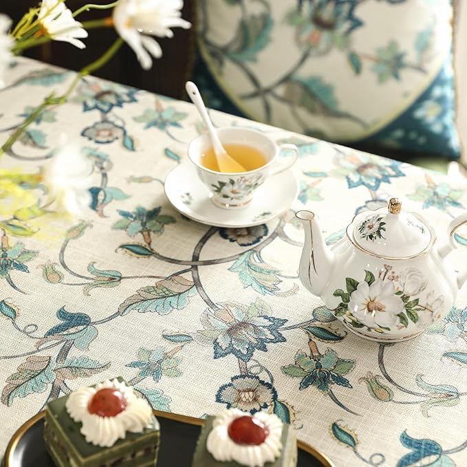 patdrea Designer Green Square Table Cloth, Vintage Floral Linen Durable - Image 3