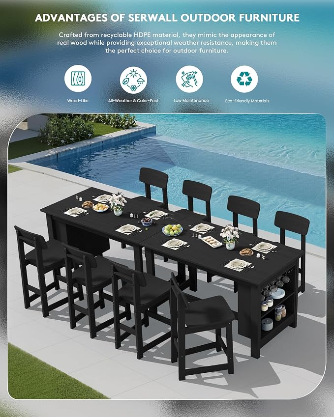SERWALL Outdoor Bar Table and Chairs Set, 3-Piece HDPE Counter Height Patio - Image 8