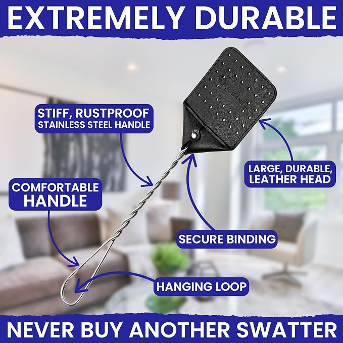 2 Leather Fly Swatter for Indoors. Long Handle, Heavy Duty Fly Swatter Manual - Image 2