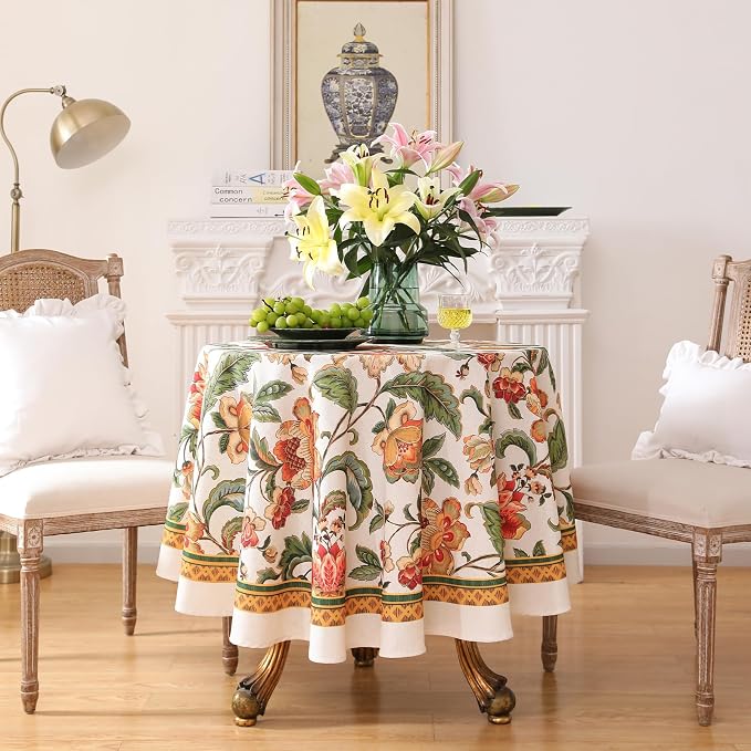 patdrea Designer Vintage Linen Round Tablecloth, Provencal Rustic Floral - Image 2