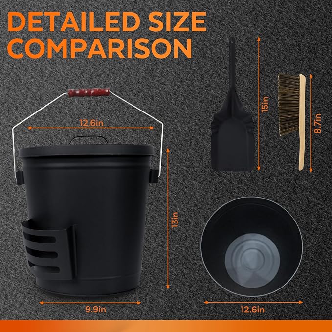 5.2 Gallon Ash Bucket with Lid and Shovel, Metal Fireplace Ash Bucket with Broom - Image 2