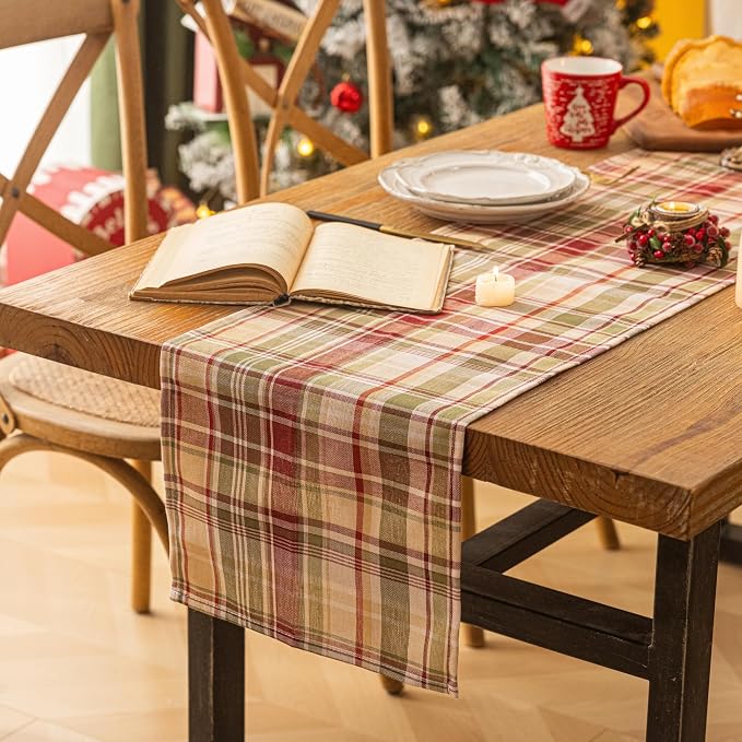 Beige Plaid Christmas Table Runner, Winter Holiday Table Runners 72 inches Long - Image 5