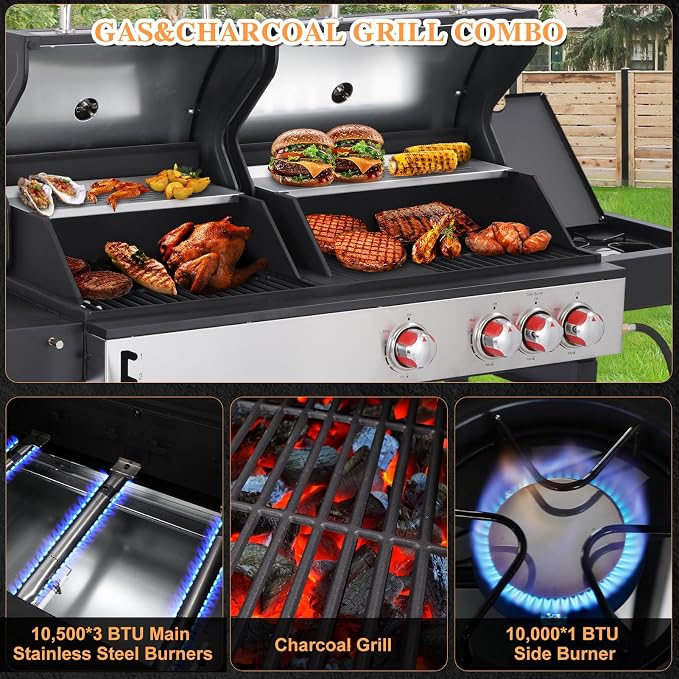 CIG GARDEN Gas and Charcoal Combo Grill, 3 Burner Propane Gas Grill - Image 5