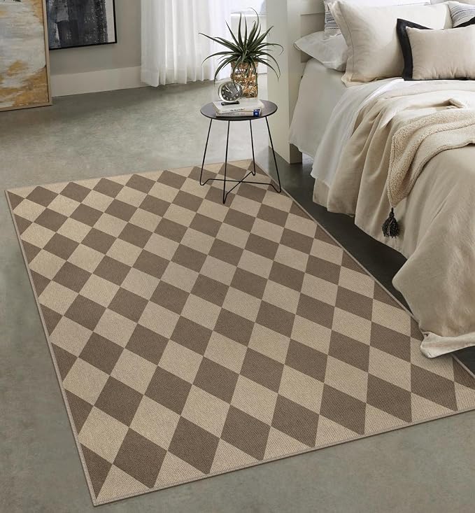 Easy Jute Brown Checkered 5x7 Area Rug, Washable Modern Rugs - Image 6