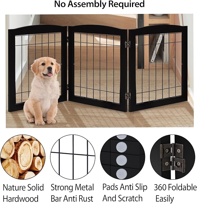 LZRS 3-Panel Freestanding Foldable Wooden Dog Gate –Solid Wood & Steel Wire - Image 3