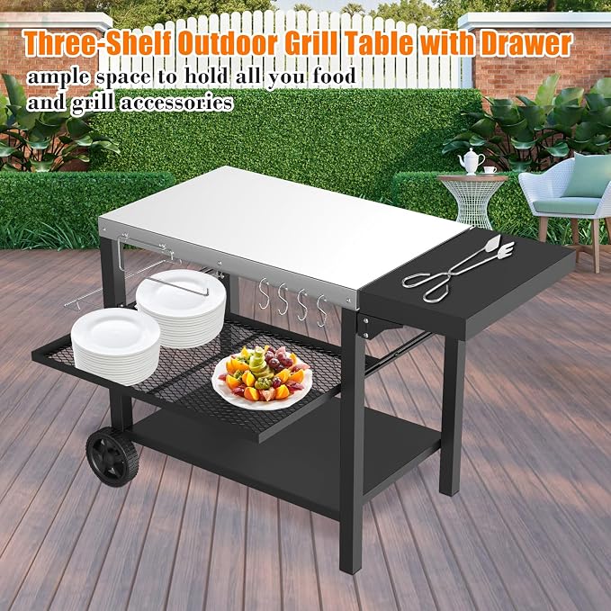 Grill Cart, Outdoor Grill Table, Pizza Oven Stand, Three-Shelf BBQ Table - Image 3