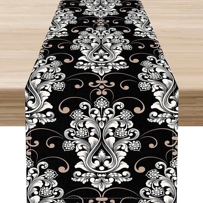 Goth Table Runner, Antique Gothic Damask Pattern Baroque Style Black Floral by Unknown
