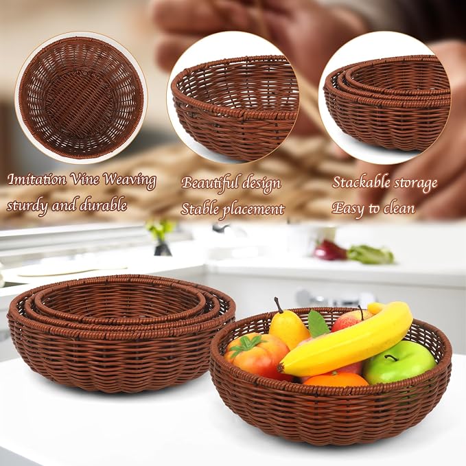 Imitation Wicker Bread Basket, 3 Pack Woven Rattan Basket Round Woven Baskets - Image 4