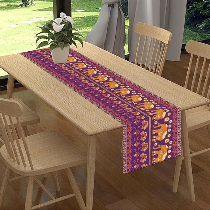 African Tribal Table Runner, Rustic Elephants Floral African Indian Diwali Art - Image 2