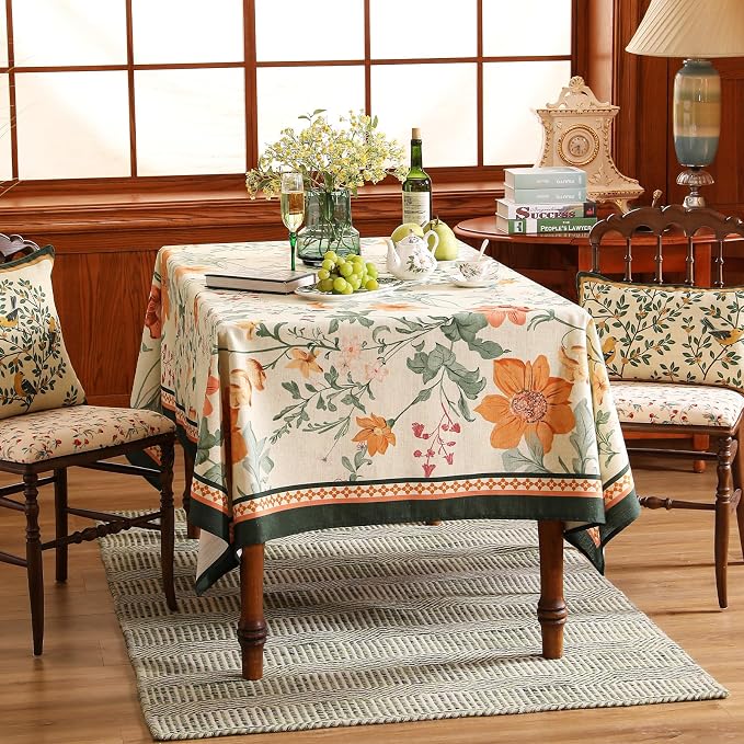 French Tablecloth for Rectangle Table, Linen Orange Floral Wrinkle Resistant - Image 9
