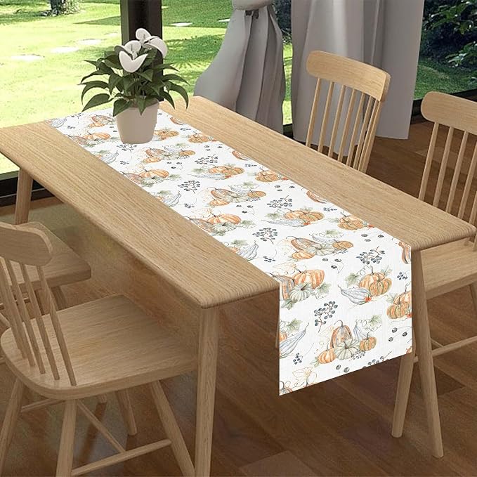 Pumpkins Table Runner, Farmhouse Seasonal Autumn Fall Leaves Harvest - Image 2