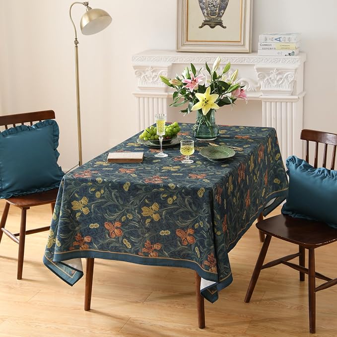 patdrea Designer Vintage Dark Blue Linen Rectangle Tablecloth, French Rustic - Image 7