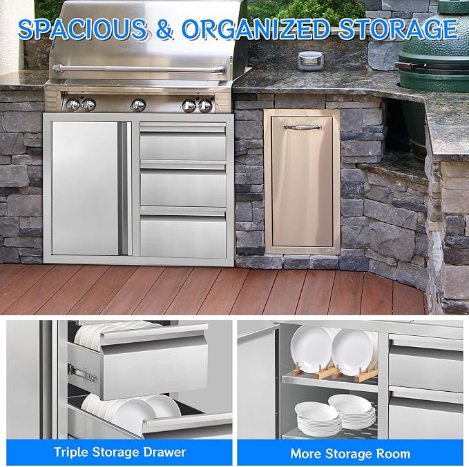 Outdoor Kitchen Drawer Combo Cabinet, Stainless Steel Triple Drawers - Image 6