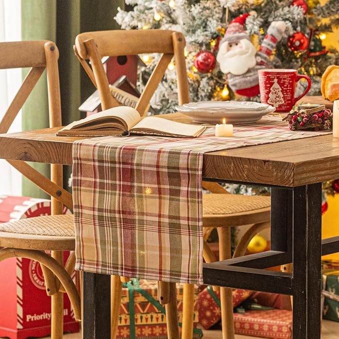 Beige Plaid Christmas Table Runner, Winter Holiday Table Runners 72 inches Long - Image 3