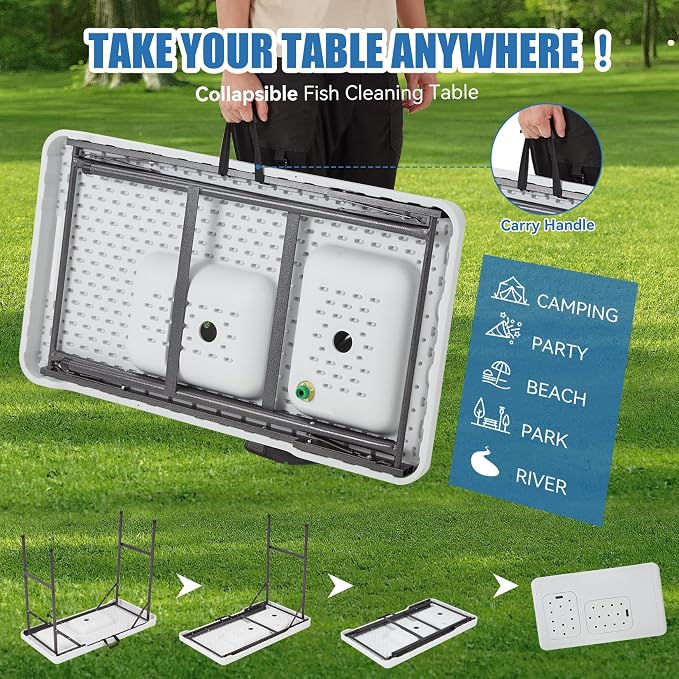 Folding Fish Cleaning Table Portable Camping Double Sinks Table w/2 Dual Water - Image 7