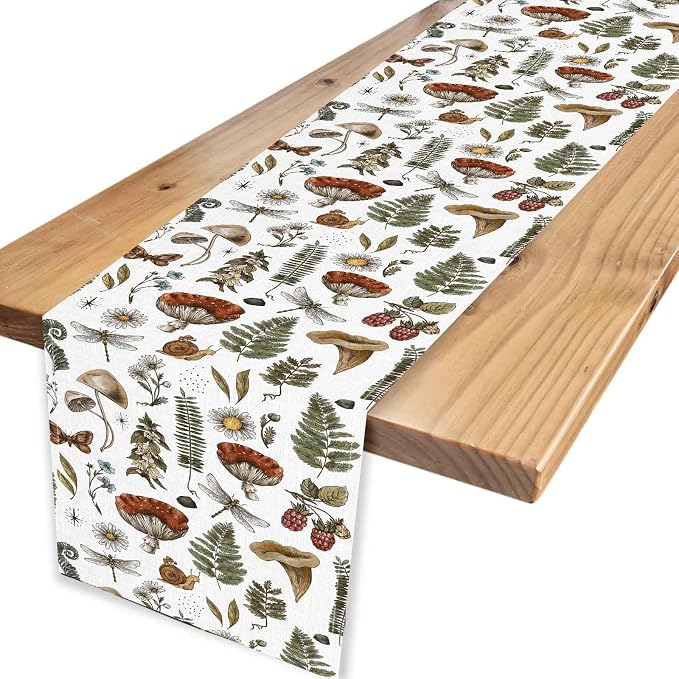Mushroom Table Runner, Rustic Farmhouse Forest Plants Botanical Country Coffee - Image 4