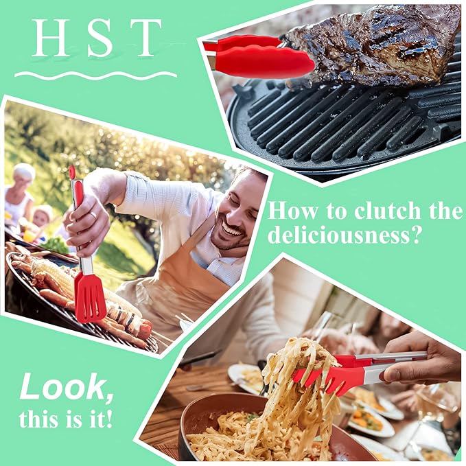 Tongs 3 Piece Set with Silicone Tips and Locking Pull Ring, 12 Inch Red