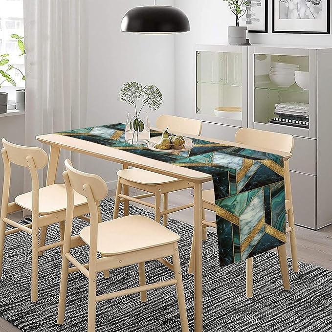 Marble Table Runner, Dark Green Gold Modern Mosaic Design Table Runner - Image 2